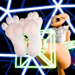 3d_(artwork) 4_toes anthro bandai_namco black_sclera blush body_blush bondage bound breasts canid canine digimon digimon_(species) digital_media_(artwork) ears_down energy_bindings feet female foot_blush foot_focus fox hi_res hindpaw mammal neck_tuft nipples nude paws pivoted_ears renamon soles solo thick_thighs toes tuft twintails3d