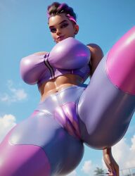 2d ai_generated cameltoe from_below huge_breasts legs_up looking_at_viewer overwatch overwatch_2 sombra sports_bra sports_uniform thick_thighs