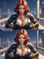 ai_generated between_breasts black_suit black_widow_(marvel) blue_eyes breast_focus cum cum_on_face cumshot cumshot_on_face huge_breasts latex_suit marvel marvel_comics natasha_romanoff paizuri penis_between_breasts perfect_body red_hair sad_face scarlett_johansson smile titjob trueai