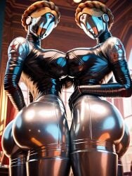 2girls 3d ai_generated atomic_heart bubble_butt from_below huge_breasts juicy_butt robot_girl seductive the_twins_(atomic_heart)