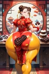 1girls ai_generated asian asian_female ass_focus big_ass bubble_ass bubble_butt cake candy capcom chinese_clothes chinese_dress chocolate chun-li curvy_female dat_ass dumptruck_ass earrings female female_only holding_object huge_ass large_breasts light-skinned_female light_skin looking_back nsfwez one_eye_closed paag standing street_fighter thick thick_ass thick_thighs voluptuous voluptuous_female wide_hips