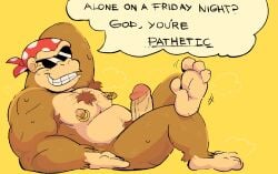 2024 4_toes alone_on_a_friday_night_(meme) anthro ape arm_support biped body_hair brown_body brown_fur chest_hair circumcised crossed_legs dialogue digital_drawing_(artwork) digital_media_(artwork) donkey_kong_(series) english_text erection eyewear feet foot_focus funky_kong fur genitals gorilla grin haplorhine hi_res humanoid_genitalia humanoid_penis kerchief looking_at_viewer male male_focus mammal motion_lines musclegut muscular nintendo nipple_piercing nipple_ring nipples nude penis piercing plantigrade primate pubes red_kerchief ring_piercing side_view simple_background smile solo speech_bubble stinkdierr sunglasses tan_body tan_penis tan_skin teeth text toes yellow_background