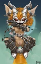 2024 asura breasts clothed clothing dripping_pussy ethanw female glowing glowing_eyes guild_wars halloween holidays horn humanoid maixxa_(ethanw) mask night partially_clothed pose prosthetic prosthetic_arm prosthetic_limb short_stack simple_background small_breasts solo wraps