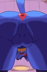 1boy anus ass backsack balls blue_fur blush cula fur genital_focus inside light low-angle_view lucario male male_only nintendo pokemon pokemon_(species) raised_tail red_eyes solo video_games worm's-eye_view