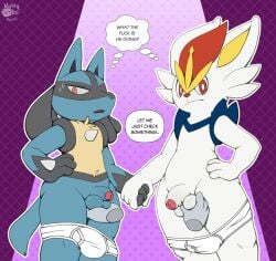 ball_grab balls blue_body blue_fur briefs cinderace clothed clothing down foreskin fur generation_4_pokemon generation_8_pokemon genitals grope hi_res humanoid_genitalia humanoid_penis lagomorph looking_at_viewer lucario male mammal nintendo nutty_bo open_mouth penile penis pokemon pokemon_(species) red_eyes simple_background tail text tighty_whities underwear underwear_only white_body white_briefs white_clothing white_fur white_underwear