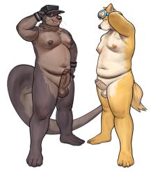 anthro average_penis big_penis blue_eyes blush breasts canid canine clothing digital_drawing_(artwork) digital_media_(artwork) djtaka duo ear_piercing erection eyewear genitals goggles hat headgear headwear hi_res male male/male mammal mustelid nipple_piercing nipples otter penis piercing shaded simple_background sydney_bronson vein veiny_penis