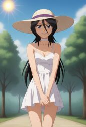 1girls ai_generated ambrose black_hair bleach choker dress kuchiki_rukia long_hair outdoors petite purple_eyes self_upload small_breasts smile stable_diffusion sun_hat sundress thigh_gap