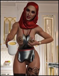 coffee_mug hijab lactating lactation leg_tattoo naughtynnasty nipple_piercing pierced_nipples pubic_hair red_hijab tattoos