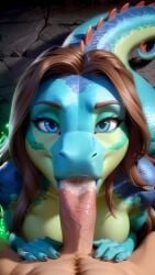 ai_generated anthro anthro_on_human big_breasts blowjob blowjob_pov blue_eyes breasts breasts_out cum cum_in_mouth duo pov pov_eye_contact scalie scalie_female scalie_humanoid sex tail