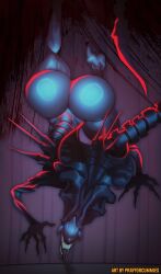 absurd_res alien alien_(franchise) anthro ass big_breasts big_butt black_body breasts bubble_butt claws climbing digital_media_(artwork) eyeless female hi_res multi_arm multi_limb nude on_wall prayforcummies rear_view simple_background solo tail teeth thick_thighs tongue tongue_out xenomorph xenomorph_queen