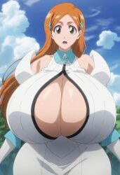 1girls ai_generated big_breasts bleach bleach:_the_thousand-year_blood_war breasts cleavage cleavage_cutout clothed ebisu-frr female female_only huge_breasts inoue_orihime large_breasts light-skinned_female light_skin long_hair massive_breasts no_nudity orange_hair solo solo_female solo_focus