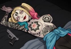 1girls absurd_res absurdres ai_assisted ai_generated batman_(series) blue_hair breasts censor_bar covered_eyes female gun handgun harley_quinn high_resolution highres hoodie_around_waist large_breasts pink_hair pistol ponytail qos qos_tattoo queen_of_spades queen_of_spades_symbol queen_of_spades_tattoo raleu10 slim_waist solo solo_female solo_focus tattoo tattoo_on_arm tattoo_on_breast tattoo_on_butt tattoo_on_chest tattoo_on_face tattoo_on_legs tattoo_on_thigh tattooed_arm tattoos topless two_tone_hair white_skin yoga_pants