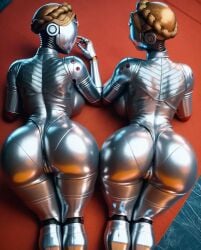 2girls 3d ai_generated atomic_heart bubble_butt from_above from_behind huge_breasts juicy_butt robot_girl seductive the_twins_(atomic_heart)