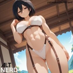 1girls abs ai_generated attack_on_titan belt black_hair curvy eren_jaeger from_below mikasa_ackerman patreon_url patreon_username pov short_hair white_bra white_panties white_underwear