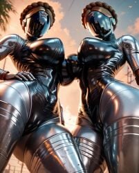 2girls 3d ai_generated atomic_heart cameltoe from_below huge_breasts robot_girl the_twins_(atomic_heart) thick_thighs