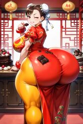 1girls ai_generated asian asian_female ass_focus big_ass big_breasts bracelet bubble_ass bubble_butt capcom chinese_clothes chinese_dress chocolate chun-li curvy_female dat_ass dumptruck_ass earrings eyes female female_focus holding_object huge_ass large_ass light-skinned_female light_skin looking_back nsfwez one_eye_closed paag quipao standing street_fighter thick thick_ass thick_thighs voluptuous voluptuous_female wide_hips