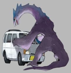 blue_penis car cum cum_on_penis cum_string dragon dragons_having_sex_with_cars erection feral green_eyes hi_res liteu looking_at_viewer male male_only nude open_mouth penis rear_view reptile scalie simple_background tongue van vehicle