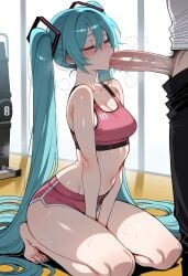 1boy 1girl ai_generated aqua_hair bangs bare_shoulders barefoot bent_knees between_legs blush bra breasts cleavage closed_eyes clothing dolphin_shorts erection feet fellatio female hair_between_eyes hair_ornament hatsune_miku hetero indoors kneeling large_penis long_hair male medium_breasts navel nyanclaire oral pants penis pink_shorts pink_sports_bra saliva short_shorts shorts sitting solo_focus sports_bra sportswear sweat thighs toenails toes twintails underwear veins veiny_penis very_long_hair vocaloid