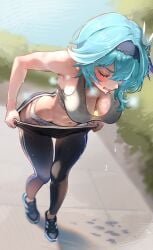 1girl 1girls absurd_res alternate_costume anger_vein artist_request blue_hair blush breasts breasts_apart calvin_klein clenched_teeth clothes_pull day downblouse eula_(genshin_impact) female genshin_impact grey_panties hairband highres hoyoverse medium_breasts midriff navel outdoors panties pants pants_pull shoes solo solo_focus sports_bra sweat sweatdrop sweating undressing yoga_pants