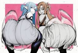 2026 2d 2girls absurd_res absurd_resolution absurdres afterimage ai_generated ass ass_focus asuna_(sao) asuna_(sao-alo) bare_shoulders bent_over blue_eyes blue_hair braid brown_eyes brown_hair brutus_(artist) detached_sleeves dress elf fairy_(sao) french_braid from_behind hi_res high_quality high_resolution highres huge_ass image long_hair looking_at_viewer looking_back motion_blur multiple_girls pink_background pointy_ears shiny_skin skirt smile sword_art_online sword_art_online:_alicization thighhighs thighs uncensured white_dress yuuki_asuna