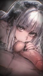 1boy 1girl absurdres autreeyah black_bow black_nails bow breasts commentary english_commentary erection fate/strange_fake fate_(series) francesca_prelati_(fate) hair_bow hetero highres long_hair looking_at_viewer multiple_hair_bows oral penis small_breasts testicle_sucking testicles uncensored very_long_hair white_hair