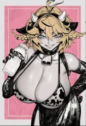 1girl 2026 2d absurd_res absurd_resolution absurdres ahoge ai_generated animal_ears animal_print bell bikini black_gloves blonde_hair blue_eyes bottle breasts brutus_(artist) cleavage collar collarbone cow_ears cow_girl cow_horns cow_print cow_print_bikini cowbell dokibird elbow_gloves fake_horns gloves hand_on_own_hip heterochromia hi_res high_quality high_resolution highres holding horns huge_breasts image indie_virtual_youtuber leaning_forward looking_at_viewer milk milk_bottle neck_bell pink_background pink_eyes print_bikini shiny_skin short_hair smile solo swimsuit uncensured virtual_youtuber wings