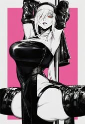 1girl 2026 2d absurd_res absurd_resolution absurdres ai_generated arknights arm_up breasts brutus_(artist) cleavage cleavage_cutout clothing_cutout cross cross_necklace dress eyes_visible_through_hair gladiia_(arknights) greyscale_with_colored_background habit hair_over_one_eye hi_res high_quality high_resolution highres holding huge_breasts image jewelry large_breasts long_eyelashes looking_at_viewer necklace nun parted_lips pink_background red_eyes shiny_skin short_hair solo spot_color uncensured