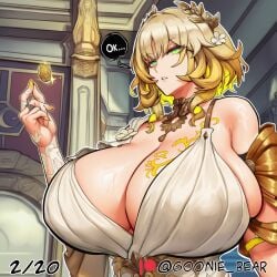 1girl 2026 2d absurd_res absurd_resolution absurdres aglaea_(honkai:_star_rail) ai_generated alternate_breast_size ancient_greek_clothes armlet blonde_hair breasts cleavage coin comic dress flower gigantic_breasts gold gold_choker goonie_bear greco-roman_clothes green_eyes hair_flower hair_ornament hi_res high_quality high_resolution highres honkai:_star_rail honkai_(series) hoyoverse huge_breasts image jewelry laurel_crown looking_at_viewer mihoyo multicolored_hair necklace patreon patreon_username short_hair solo tattoo uncensured upper_body watermark white_dress