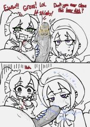 1boy 2girls colored_nails dopagaki duel_monster fellatio female grin hand_on_penis holding_penis ki-sikil_(yu-gi-oh!) lil-la_(yu-gi-oh!) lipstick_on_penis lipstick_ring live_twin_ki-sikil live_twin_lil-la male oral penis penis_in_mouth smegma smug smug_face staring_at_penis uncensored yu-gi-oh!
