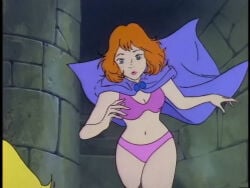 1girls bra cape dungeons_and_dragons_(cartoon) female female_only orange_hair panties purple_bra purple_panties screenshot_edit sheila_the_thief solo underwear