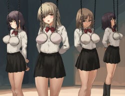 1boy 4girls arms_behind_back ball_gag bdsm bell black_eyes black_hair black_pants black_skirt black_socks blonde_hair bondage bound bound_arms bound_wrists bow bowtie bra breasts brown_eyes brown_hair brown_panties chain chained closed_eyes closed_mouth clothes_lift collar collared_shirt commentary_request crying crying_with_eyes_open cuffed cuffs funitarefu gag gagged grabbing_another's_breast green_panties groping handcuffs highres kneehighs lactation long_hair medium_hair milking_machine multiple_girls neck_bell nipples one_eye_closed original panties pants pleated_skirt purple_panties red_bow red_bowtie restrained see-through_clothes shirt skirt skirt_lift slave socks standing tears underwear white_panties white_shirt