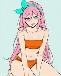 1girl ai_generated aubrey_(faraway)_(omori) aubrey_(omori) azuza1337 blue_eyes croptop cyan_eyes omori pink_hair small_breasts