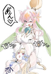 2girls :d blush duel_masters female_pervert groping_breasts head_between_thighs huge_breasts looking_at_another looking_up lying_on_lap miracle_stellar_heaven_revolutionary_knight_lady multiple_girls one_eye_closed open_mouth rafululu_love,_acoustic_dragon_elemental scissorhold thick_thighs wide_hips worried yuri