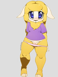 2017 anthro blue_eyes blush brown_nose caprine clothed clothing cute eyelashes female fur furry furry_only grey_background hooves kaitoh lili looking_at_viewer mammal panties panties_down partially_clothed pussy sheep shirt simple_background smile solo standing underwear undressing white_fur wool yellow_fur