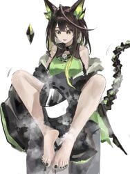 1boy 1girl ahoge arknights barefoot black_hair carrying carrying_partner doctor_(arknights) feet feet_on_chest foot_fetish large_breasts mon3tr_(arknights) no_shoes open_mouth shoulder_carry smile soles steam steamy_feet tiansuo_haoer toes white_background