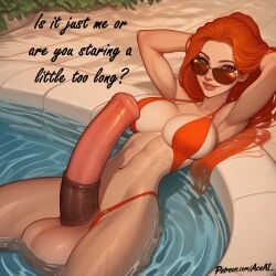 1futa abs ai_generated armpits athletic bikini brown_eyes dialogue english_text futa_only futanari horsecock large_balls large_breasts large_penis large_testicles league_of_legends leona_(league_of_legends) orange_hair outdoors pool sunglasses text