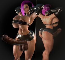 1futa arms_behind_head ball_hair black_penis breast_press breasts brown_body bursting_breasts curly curly_pubic_hair elbow_gloves erection futa_only futanari hairy_armpits hairy_balls highres huge_breasts huge_cock huge_penis intersex mitrild-sfm overwatch overwatch_2 pubic_hair purple_eyes sexy_armpits sexy_pose short_hair solo solo_futa sombra source_filmmaker testicles