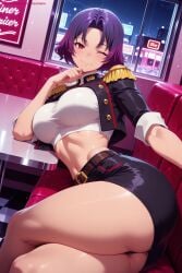 1girl ai_generated ass bangs belt black_skirt blush breasts crossed_legs hi_res high_quality high_resolution indoors jacket kiraamane large_breasts looking_at_viewer mato_seihei_no_slave midriff miniskirt one_eye_closed open_clothes open_jacket panties patreon pencil_skirt purple_hair red_eyes seductive sexy short_hair skirt smile solo uncensored underwear watermark yakumo_ezo