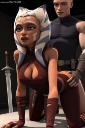 1boy 1girl ahsoka_tano ai_generated blue_eyes breasts cleavage cleavage_cutout clone_wars fingerless_gloves gloves hi_res high_quality high_resolution lips nose patreon seductive sexy sleeveless spicytoonai sword thighhighs uncensored watermark weapon