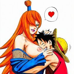 1:1 1boy 1girls accurate_art_style accurate_body_type age_difference ai_generated areolae bare_breasts bare_shoulders between_breasts big_breasts blue_dress blue_nails breast_focus breast_press breasts breasts_out breasts_out_of_clothes busty_female cel_shading closed_eyes clothed clothed_male clothing colored_nails couple crossover dress duo duo_focus embrace erect_nipples exposed_breasts eyes_closed face_between_breasts face_to_breasts female fishnet fishnet_clothing fishnet_topwear fishnets green_eyes grin hair_over_one_eye hand_on_another's_head hand_on_another's_shoulder hand_on_head hand_on_shoulder hand_up happy hat head_between_breasts headwear heart heart_symbol height_difference hetero highres hug large_breasts light-skinned_female light_skin line_art lips lipstick long_sleeves looking_at_viewer makeup male manga_style masashi_kishimoto_style mature_female mei_terumi monkey_d_luffy nail_polish naruto naruto_(series) naruto_shippuden ninja nipples no_bra official_style older_female_and_younger_male one_eye_covered one_piece open-mouth_smile open_mouth open_mouth_smile orange_hair parted_lips partially_clothed partially_clothed_female pirate purple_lipstick red_shirt red_vest scar scar_on_cheek scar_on_face shiny_hair shiny_skin shirt side_view simple_background sleeveless sleeveless_shirt smile speech_bubble spoken_heart straight straw_hat teeth teeth_clenched teeth_showing topknot topless topless_female upper_body very_long_hair viewed_from_side waifu white_background younger_male