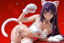 1girl :q ai_generated animal_ears animal_hands bangs bare_shoulders bell blush bra breasts cat_cutout cat_ears cat_lingerie cat_tail choker cleavage cleavage_cutout clothing_cutout collar collarbone fake_animal_ears fern_(sousou_no_frieren) gloves heart-shaped_pupils jingle_bell kermixx large_breasts long_hair looking_at_viewer meme_attire navel neck_bell panties paw_gloves purple_eyes purple_hair red_background side-tie_panties smile solo sousou_no_frieren symbol-shaped_pupils tail thighhighs tongue tongue_out underwear underwear_only white_bra white_panties white_thighhighs