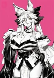 1girl 2026 2d absurd_res absurd_resolution absurdres ai_generated animal_ear_fluff animal_ears bare_shoulders bow breasts cleavage detached_sleeves fate/grand_order fate_(series) fox_ears fox_girl fox_tail greyscale_with_colored_background hair_between_eyes hair_bow hand_on_own_chest hand_on_own_hip hi_res high_quality high_resolution highres image japanese_clothes kimono large_breasts long_hair looking_at_viewer monochrome obi parted_lips pelvic_curtain pink_background sash shiny_skin sidelocks simple_background smile solo spot_color tail tamamo_(fate) tamamo_no_mae_(fate/extra) thighhighs thighs twintails uncensured wide_sleeves yellow_eyes