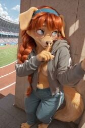 1girls 2026 ai_animation ai_generated animated anthro braid breasts breasts_out canid canine canis domestic_dog embarrassed embarrassed_nude_female enf exhibitionism exhibitionist female female_focus furry glasses hairband in_public mammal mostly_clothed nipples open_clothes open_jacket pants solo solo_female stadium tagme topless video