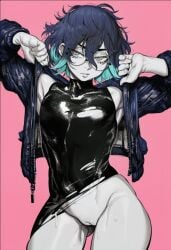 1girl 2026 2d absurd_res absurd_resolution absurdres ai_generated armpits ass_visible_through_thighs black_dress blue_hair blue_jacket breasts brutus_(artist) cowboy_shot dress glasses gradient_hair hair_between_eyes hi_res high_quality high_resolution highres image jacket looking_at_viewer medium_breasts messy_hair multicolored_hair noella oc open_clothes open_jacket original original_character pink_background pussy round_eyewear shiny_skin short_hair simple_background sleeveless solo sweat torn_clothes turtleneck_dress two-tone_hair uncensored uncensured