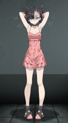 armpits arms_behind_head black_hair black_shoes blue_eyes hair_ribbon marnie_(pokemon) petite petite_female pink_dress pokemon pokemon_rival pokemon_sword_and_shield pokemon_swsh punk punk_girl punk_hair sweat sweatdrop sweaty_body thighs tsukishiro_saika