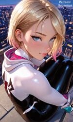 ai_generated beautiful blonde_hair blue_eyes blush bodysuit costume gwen_stacy gwen_stacy_(spider-verse) looking_at_viewer mature_female paid_reward_available patreon petite sebassart sexy sitting smile solo superheroine tight_clothing