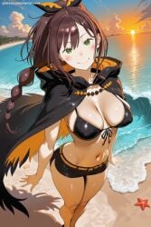 1girl ai_generated beach bikini bikini_top black_bikini black_cape blush braid breasts brown_hair cape cleavage day front-tie_top green_eyes hair_ribbon hi_res high_quality high_resolution horizon large_breasts long_hair looking_at_viewer navel ocean outdoors patreon ponytail re:zero_kara_hajimeru_isekai_seikatsu ribbon savvyraexo seductive sexy shaula_(re:zero) skirt smile solo standing star_(symbol) swimsuit uncensored water watermark