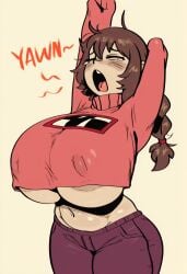 1girls aerolae aged_up ai_assisted ai_generated blush closed_eyes crop_top crop_top_overhang crop_top_sweater curvy gigantic_breasts hand_behind_head hyper_breasts madotsuki mature_female nipple_outline no_bra novelai open_mouth stablemikuni standing stretching stretching_arms tagme text tired tired_expression tired_eyes voluptuous voluptuous_female yawn yawning yume_nikki