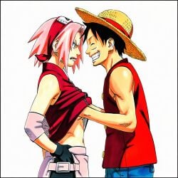 1:1 1boy 1girls accurate_art_style accurate_body_type ai_generated angry annoyed bare_shoulders belly_button bike_shorts black_border black_eyes black_gloves black_hair blue_shorts blush border breast_grab breasts cel_shading closed_eyes clothed clothes_lift clothing couple crossover duo duo_focus elbow_pads elbow_sleeve eyes_closed face-to-face face_to_face female forehead_protector gloves grabbing grabbing_another's_breast green_eyes grin groping groping_breasts hairband hand_on_hip hand_on_own_hip hand_under_clothes hand_under_shirt happy hat headband headwear hetero highres konohagakure_symbol light-skinned_female light_skin line_art looking_at_another male manga_style masashi_kishimoto_style monkey_d_luffy naruto naruto_(series) naruto_shippuden navel no_bra no_bra_under_clothes official_style one_piece open-mouth_smile open_mouth open_mouth_smile parted_lips pink_hair red_hairband red_headband red_shirt red_vest sakura_haruno scar scar_on_cheek scar_on_face shiny_skin shirt shirt_lift short short_hair shorts side_view simple_background sleeveless sleeveless_shirt small_breasts smile spats straight straw_hat teeth teeth_clenched teeth_showing underboob upper_body v-shaped_eyebrows vest viewed_from_side white_background zipper zipper_pull_tab