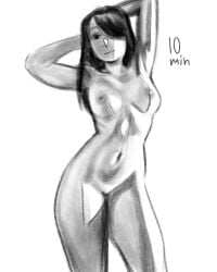 1girls breasts completely_nude female female_pubic_hair hair_over_one_eye heart-shaped_pubic_hair hi_res large_breasts looking_at_viewer looking_down nila_(telepurte) nude nude_female original pubic_hair pussy smile solo telepurte vulva worm's-eye_view